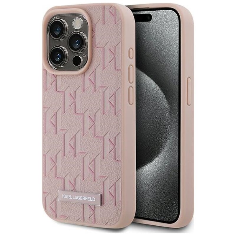 Etui KARL LAGERFELD Leather Monogram Metal Logo MagSafe do Apple iPhone 15 Pro Różowy