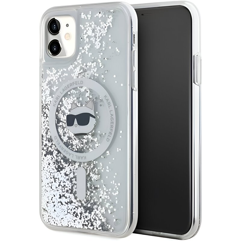 Etui KARL LAGERFELD Liquid Glitter Choupette Head Magsafe do Apple iPhone 11/Xr Przezroczysty