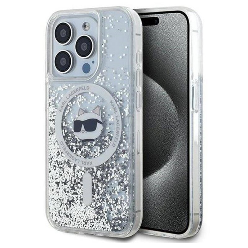 Etui KARL LAGERFELD Liquid Glitter Choupette Head Magsafe do Apple iPhone 15 Pro Transparentny