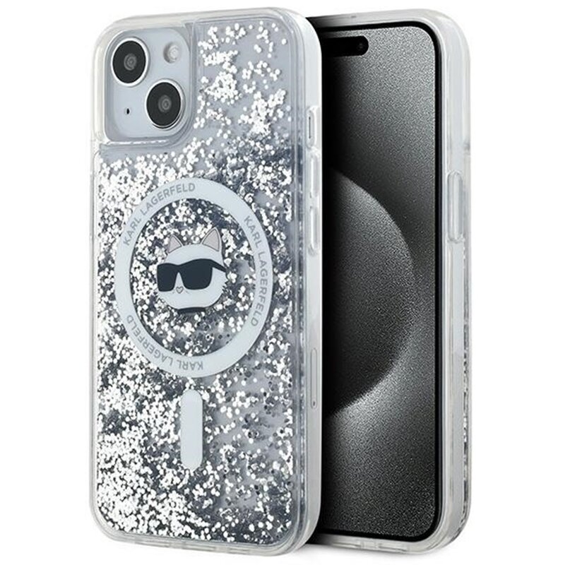 Etui KARL LAGERFELD Liquid Glitter Choupette Head Magsafe do Apple iPhone 14 Plus/15 Plus Przezroczysty