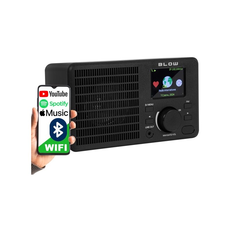 Radio BLOW RI1 Czarne, Przenośne, Internetowe, Wi-Fi, Bluetooth, Kolorowy Wyświetlacz, Budzik, Alarm, Zasilanie Sieciowe