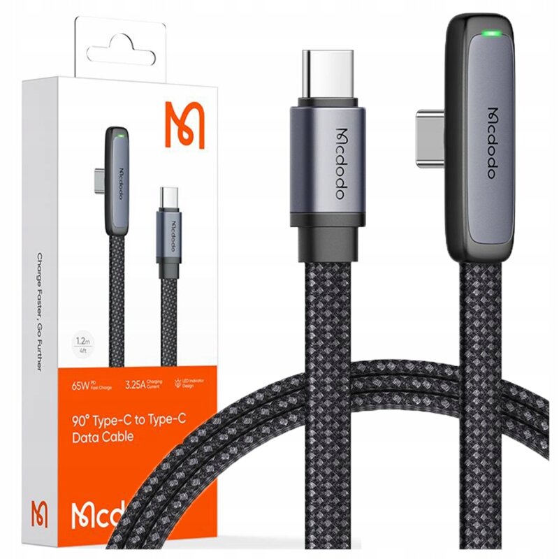 Mcdodo Kabel USB-C Kątowy Szybkie Ładowanie USB Typ C 3A 65W Czarny 1M