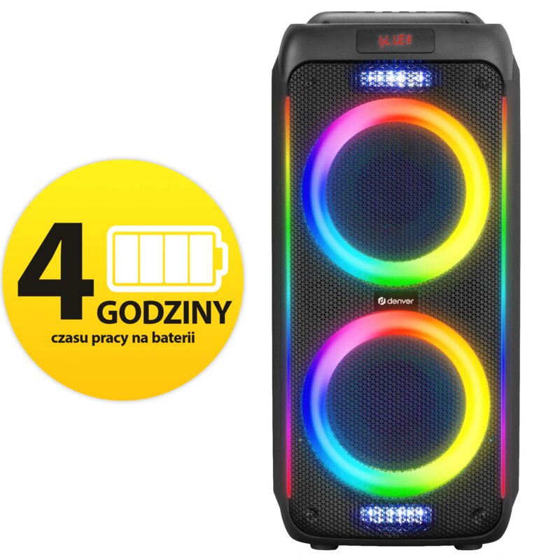 Power Audio DENVER BPS-458, 100W, Bluetooth, Bateria 4 godziny, Mikrofon bezprzewodowy w zestawie, Funkcja True Wireless Stereo