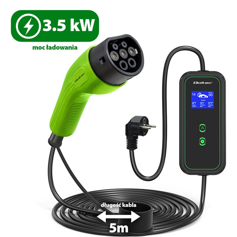 Qoltec Mobilna ładowarka do samochodu EV z regulacją 2w1 Typ2 | 3.5kW | 230V | WiFi | LCD | Przenoœna | Wallbox | 5m