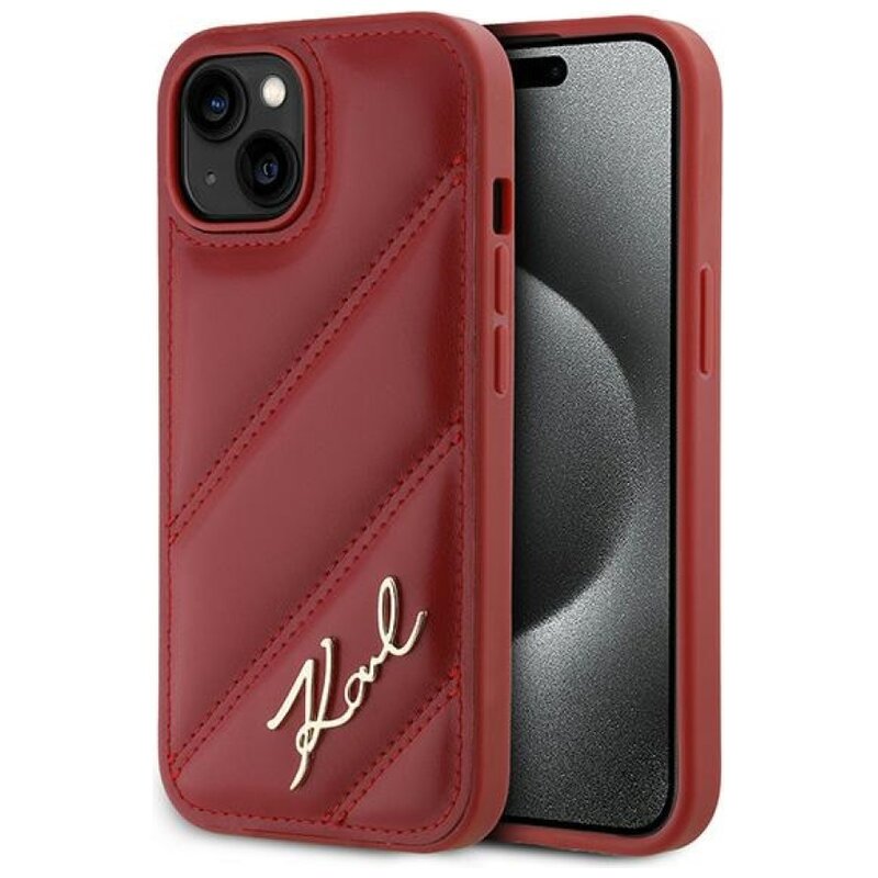 Etui KARL LAGERFELD Diagonal Quilted Script do Apple iPhone 15 Czerwony