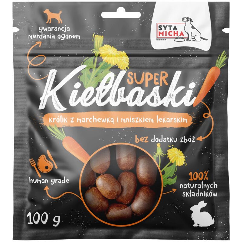 SYTA MICHA Super kiełbaski z królikiem, marchewką i mniszkiem Mono - przysmak dla psa - 100 g