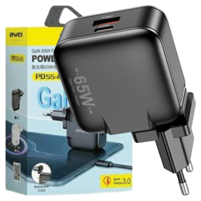 Awei Ład. Siec. Pd55-Eu 65Wusb + USB-C Czarna/Black GAN
