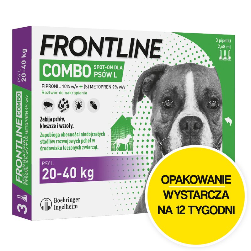 Roztwór do nakrapiania dla psów FRONTLINE Combo L (20 - 40 kg) 3 x 2.68 ml Ochrona przez 12 tygodni