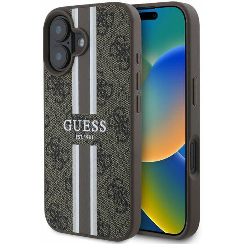 Etui GUESS 4G Printed Stripes MagSafe do Apple iPhone 16 Brązowy