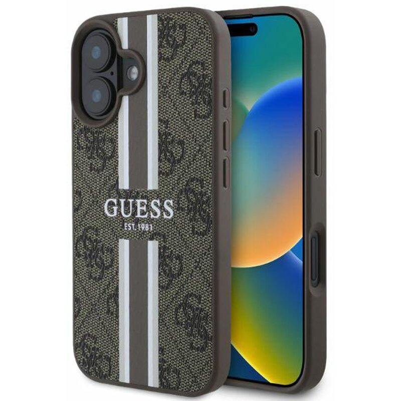 Etui GUESS 4G Printed Stripes MagSafe do Apple iPhone 16 Brązowy