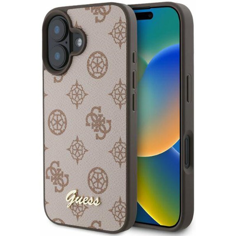 Guess Peony Script Logo do iPhone 16 brązowy