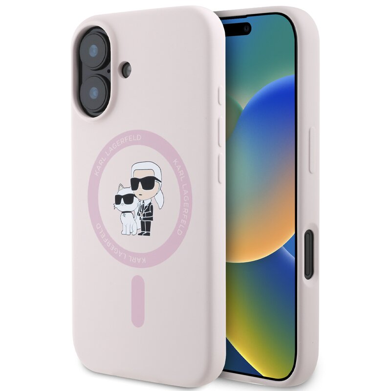 Etui KARL LAGERFELD Silicone Karl&Choupette Heads Ring MagSafe do Apple iPhone 16 Plus Różowy
