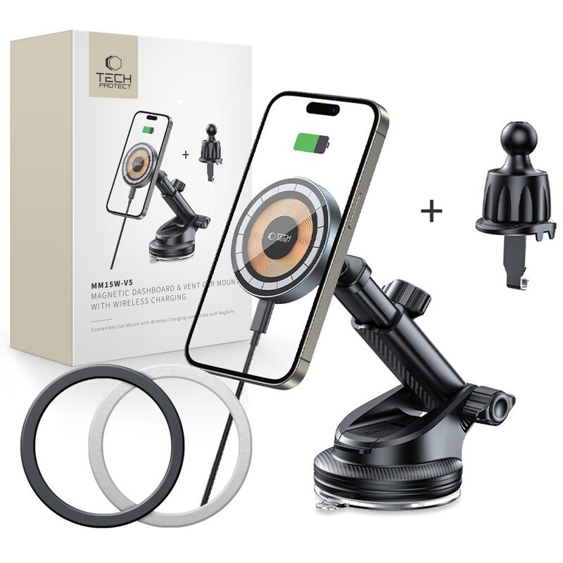 Uchwyt na telefon i smartfon TECH-PROTECT MM15W-V5 MagSafe Dashboard & Vent Charger 15W Czarny uchwyt samochodowy na szybę, kratkę nawiewu i deskę rozdzielczą