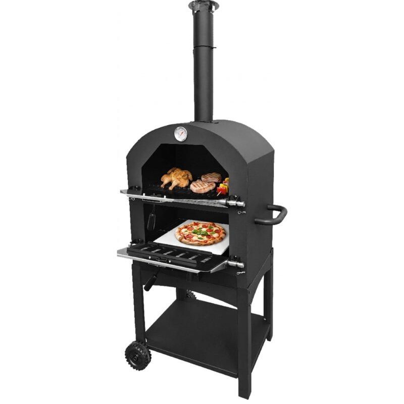 Grill ogrodowy węglowy BOTTARI z dwoma komorami, żeliwny ruszt, kółka, termometr, funkcja wędzarni, kamień do pizzy