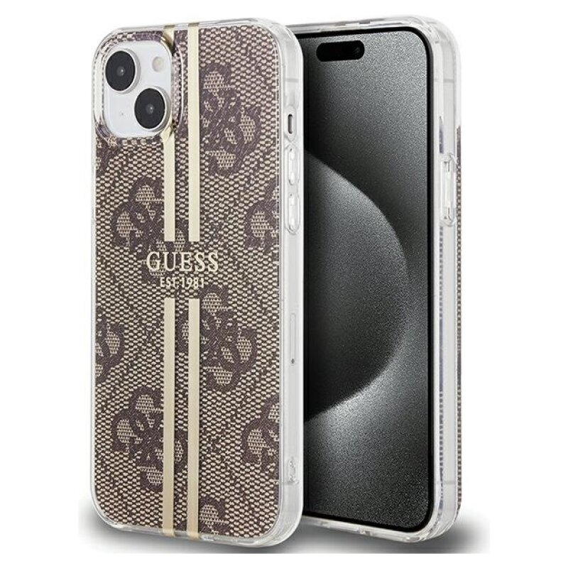 Etui GUESS IML 4G Gold Stripe do Apple iPhone 15 Plus Brązowy
