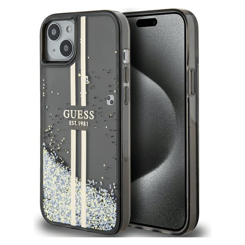 Etui GUESS Liquid Glitter Gold Stripes do Apple iPhone 15 Plus Czarny