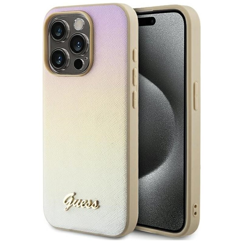 Etui GUESS Saffiano Iridescent Script do Apple iPhone 15 Pro Max Złoty