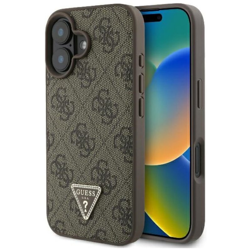 Etui GUESS Leather 4G Triangle Strass do Apple iPhone 16 Brązowy