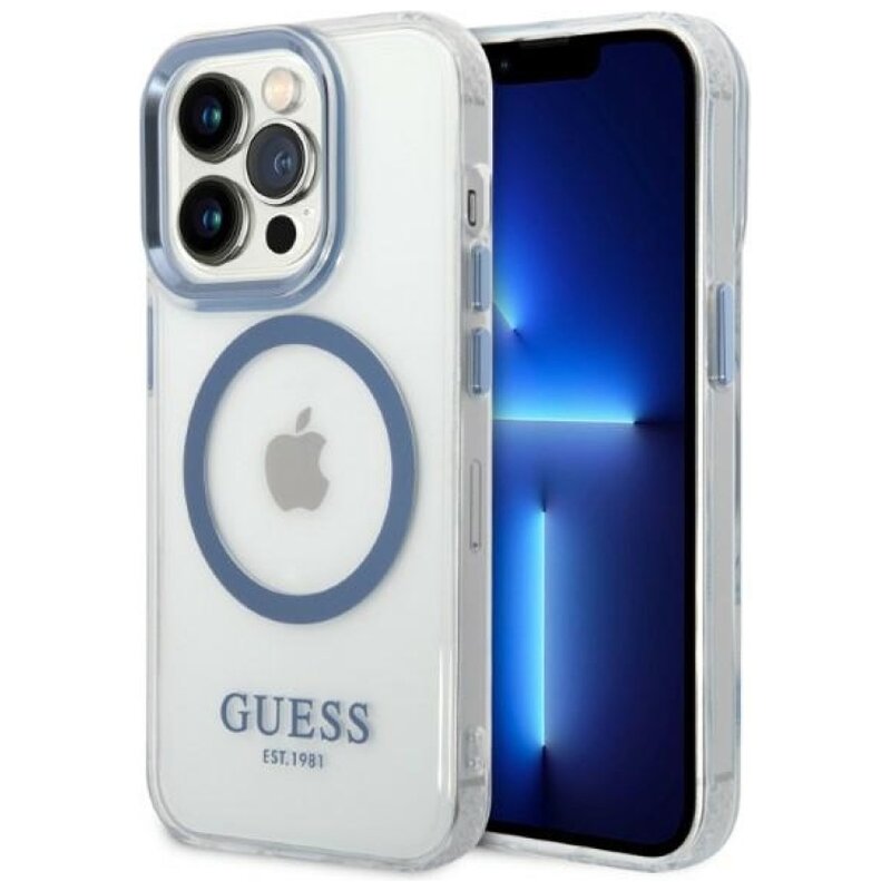 Etui GUESS Metal Outline MagSafe do Apple iPhone 14 Pro Max Przezroczysto-niebieski