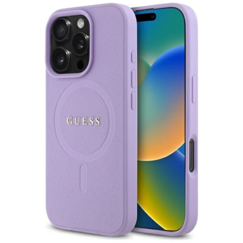 Guess Saffiano Classic Logo do iPhone 16 Pro Max fioletowy