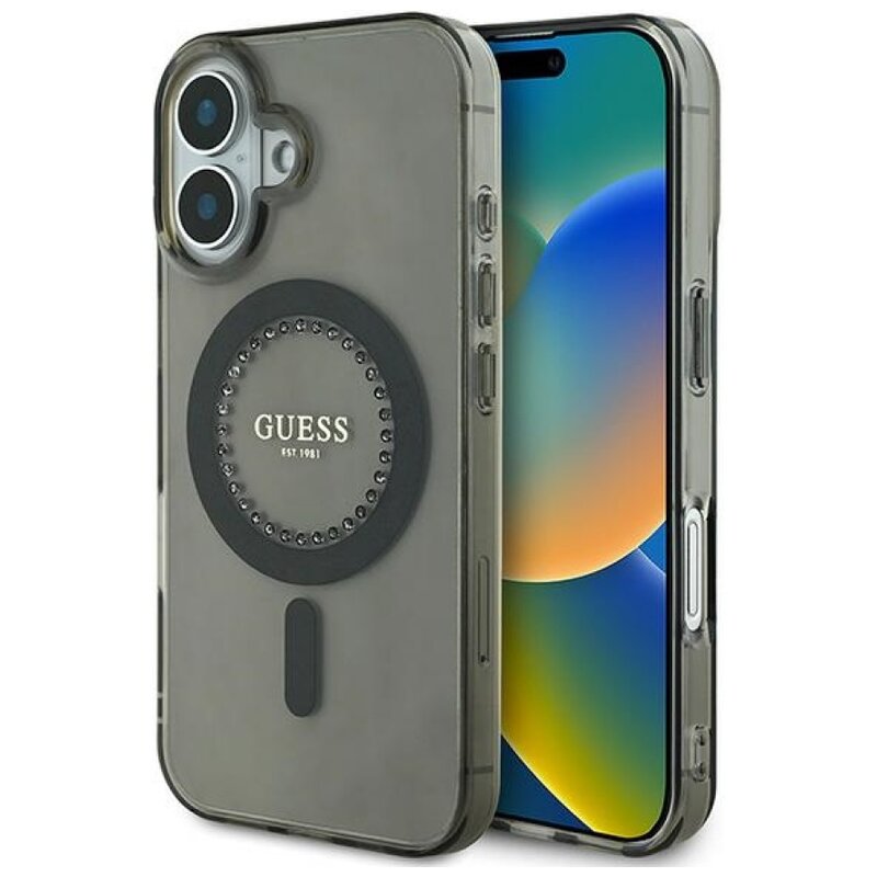 Etui GUESS IML Rhinestones MagSafe do Apple iPhone 16 Plus Czarny