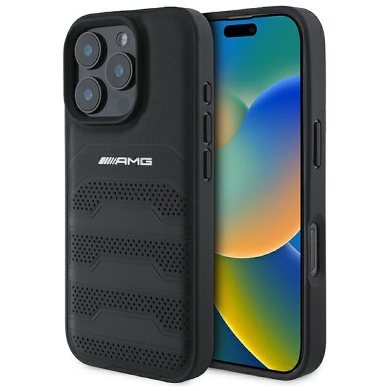 Etui AMG Leather Debossed Lines Black Logo do Apple iPhone 16 Pro Max Czarny