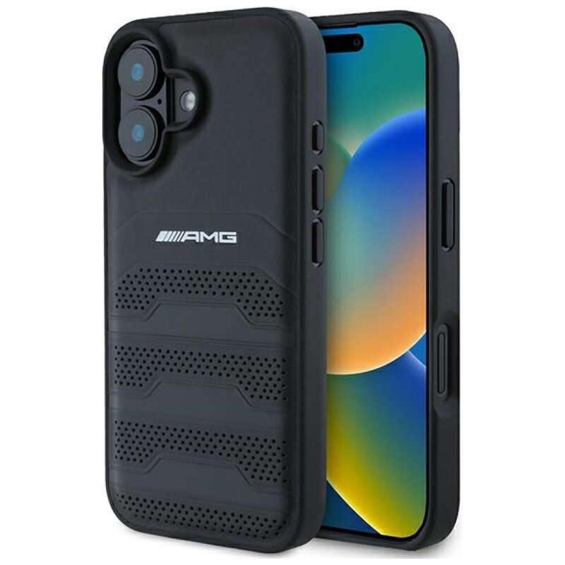 Etui AMG Leather Debossed Lines Black Logo do Apple iPhone 16 Czarny