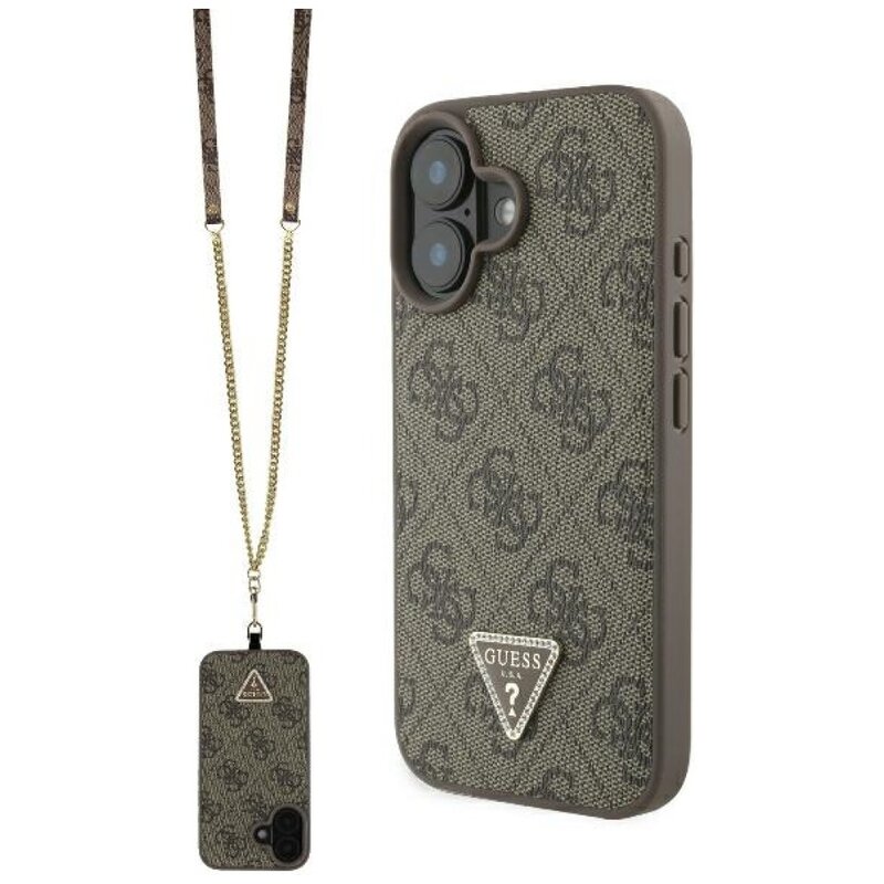 Etui GUESS Leather Metal Logo Strass Crossbody do Apple iPhone 16 Brązowy