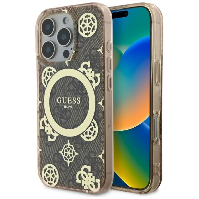 Etui GUESS IML Peony On 4G Background MagSafe do Apple iPhone 16 Pro Brązowy