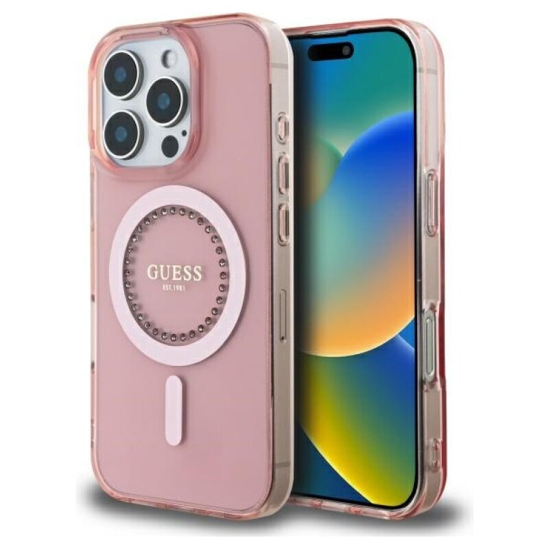 Etui GUESS IML Rhinestones MagSafe do Apple iPhone 16 Pro Różowy
