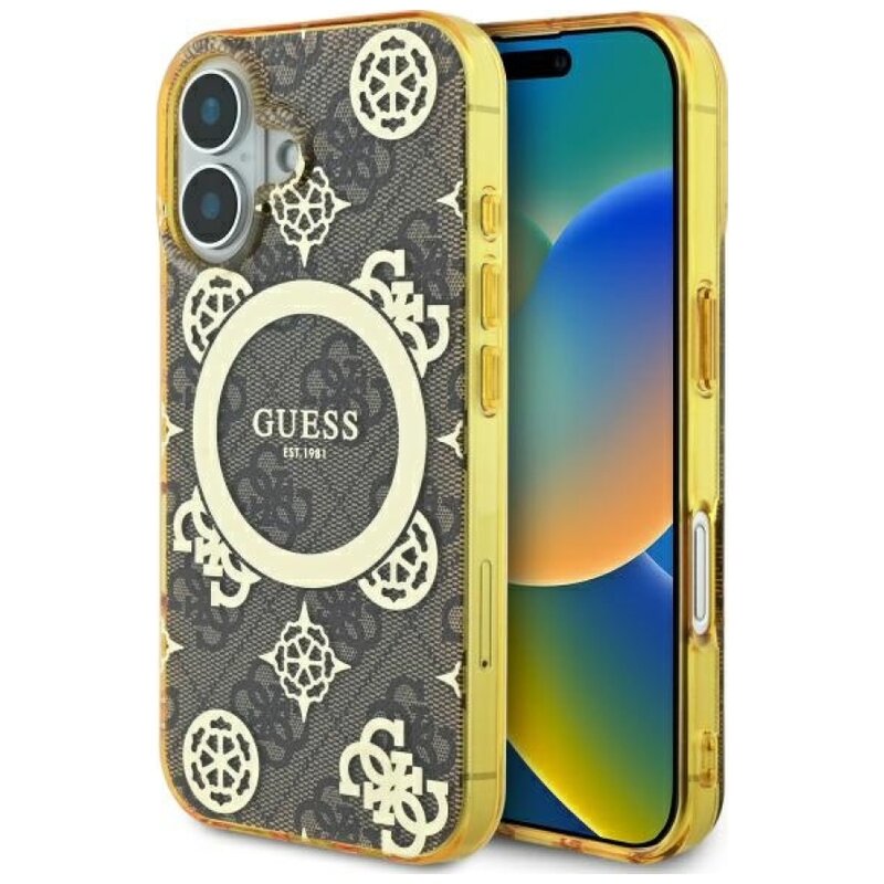 Etui GUESS IML Peony On 4G Background MagSafe do Apple iPhone 16 Brązowy