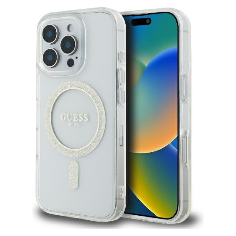 Etui GUESS Glitter Circle MagSafe do iPhone 16 Pro Przezroczysty