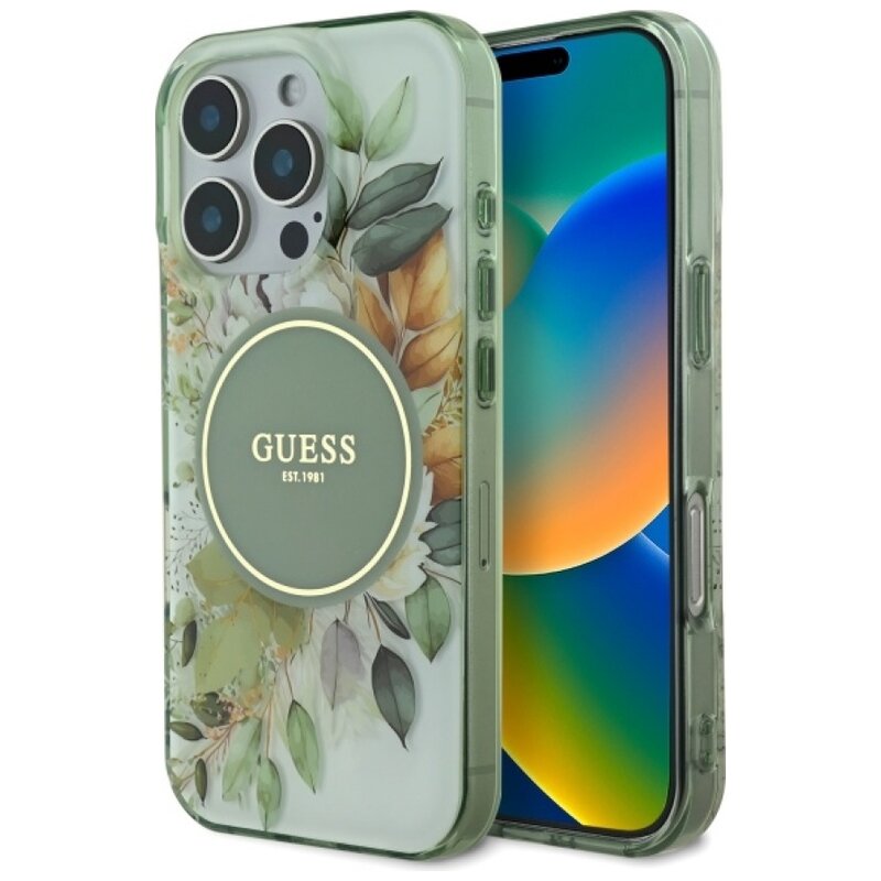 Etui GUESS IML Flower & Tonal Circle MagSafe do Apple iPhone 16 Pro Zielony