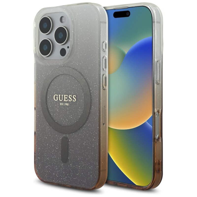 Etui GUESS IML Glitter Gradient MagSafe do Apple iPhone 16 Pro Brązowy