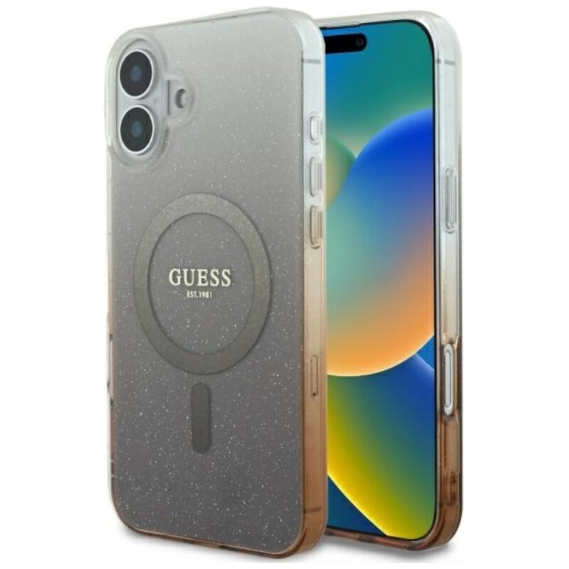 Etui GUESS IML Glitter Gradient MagSafe do Apple Phone 16 Brązowy