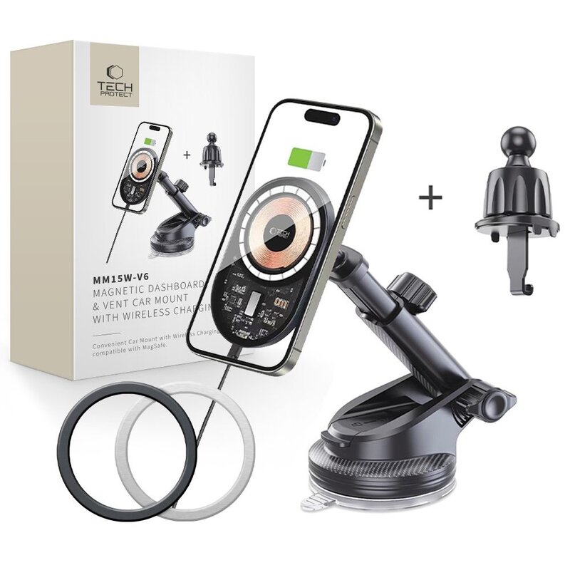Uchwyt na telefon i smartfon TECH-PROTECT MM15W-V6 MagSafe Dashboard & Vent Charger 15W Czarny uchwyt samochodowy na szybę, kratkę nawiewu i deskę rozdzielczą