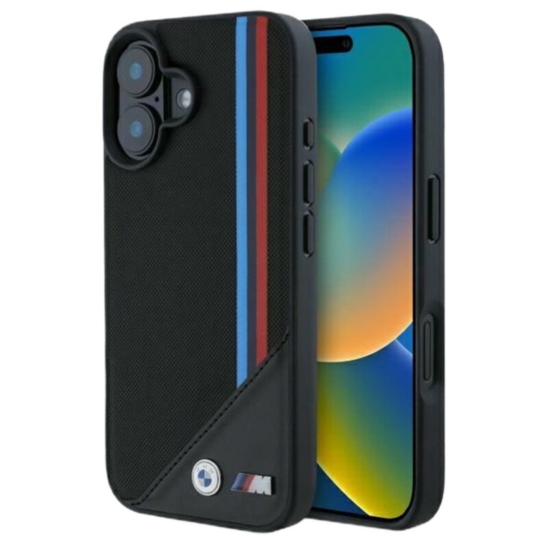 Etui BMW M Meshed Tricolor Stripes MagSafe do Apple iPhone 16 Czarny
