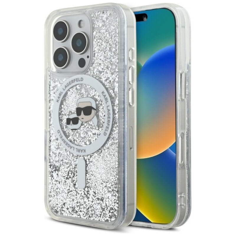 Etui KARL LAGERFELD Liquid Glitter Karl&Choupette Head MagSafe do Apple iPhone 16 Pro Max Przezroczysty