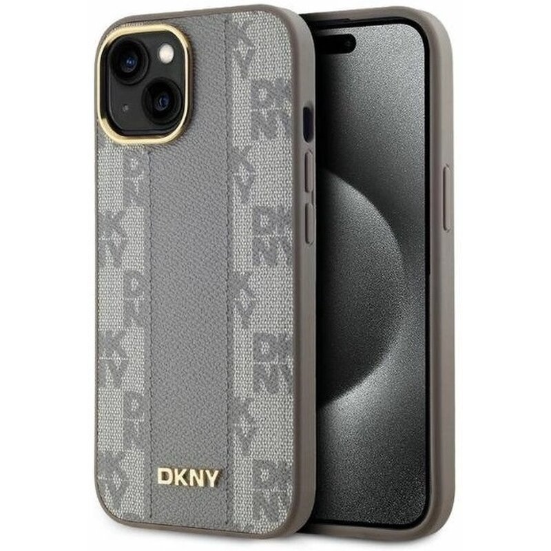 DKNY Leather Checkered Mono Pattern MagSafe do iPhone 15 Beżowy