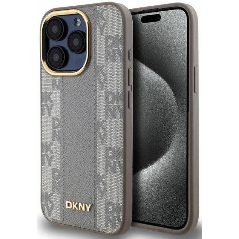 Etui DKNY Leather Checkered Mono Pattern MagSafe do Apple iPhone 15 Pro Max Beżowy