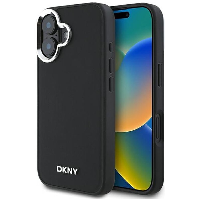 Etui DKNY Plain Silver Logo MagSafe do Apple iPhone 16 Czarny