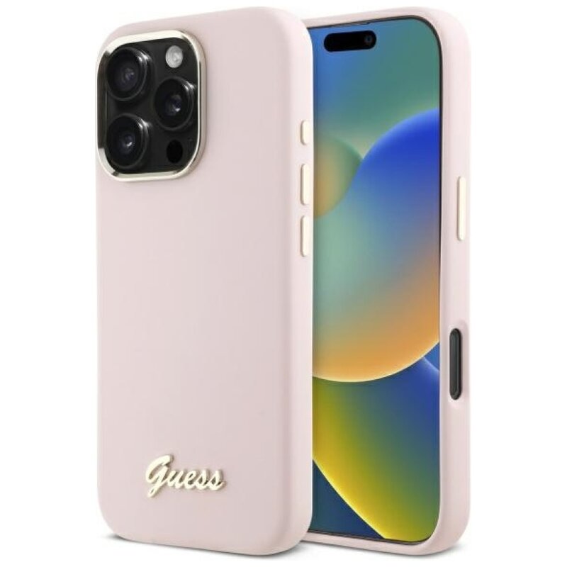 Guess Silicone Script Metal Logo & Frame do iPhone 16 Pro Max Różowy
