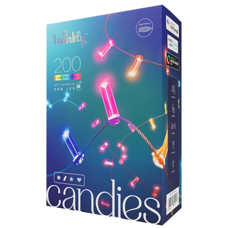 Twinkly Candies – 200 Lampki w kształcie świeczki RGB LEDs, zielony przewód, USB-C