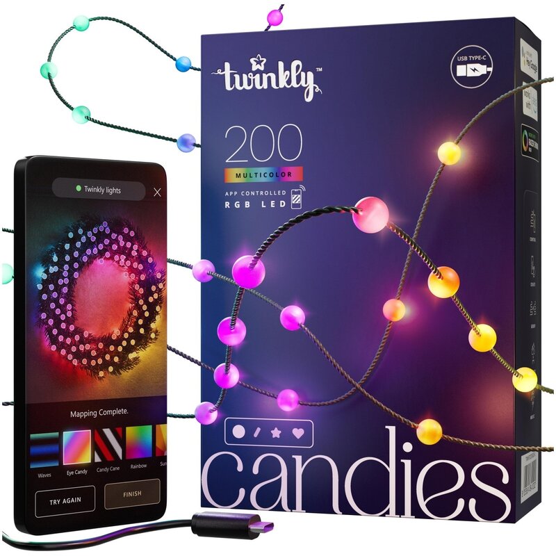 Twinkly Candies – 200 Lampki w kształcie pereł RGB LEDs, zielony przewód, USB-C
