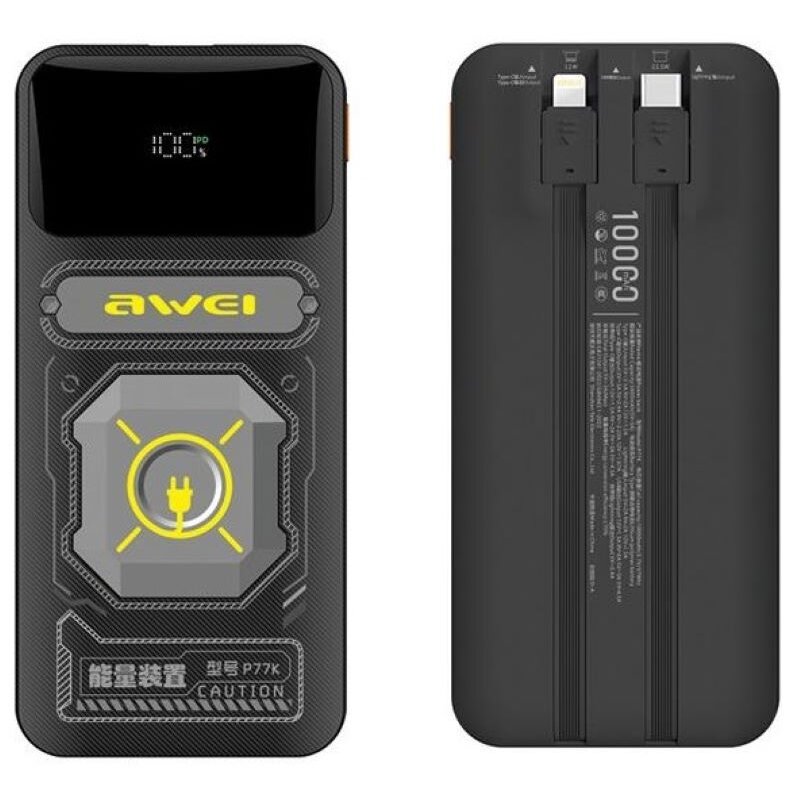 AWEI PowerBank 10000mAh 22,5W P77K wbudowane kable lightning USB-C wyjścia 1xUSB+2xUSB-C