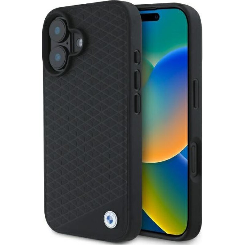 Etui BMW Sign Leather Diamond Metal Logo MagSafe do Apple iPhone 16 Czarny