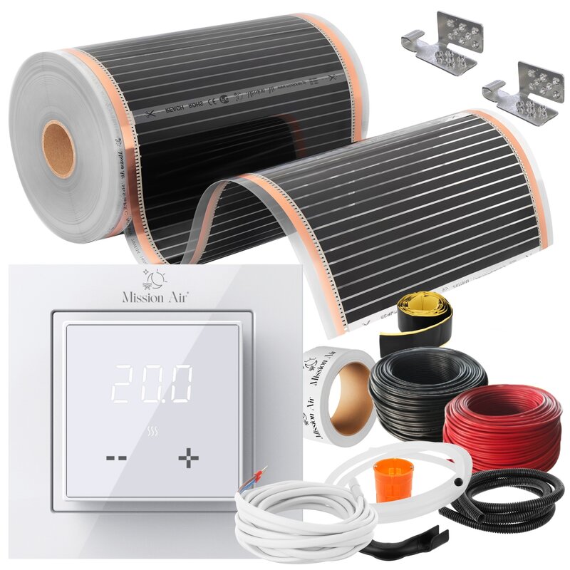 Folia grzewcza na podczerwień MISSION AIR 160 W/m² Black Silver PTC 4 m² (8 m x 50 cm) + regulator Aries LCD Biały