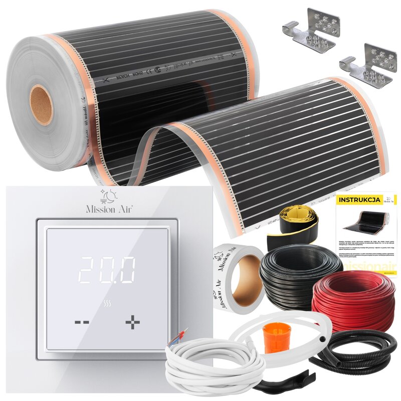 Folia grzewcza na podczerwień MISSION AIR 160 W/m² Black Silver PTC 16 m² (32 m x 50 cm) + regulator Aries LCD Biały