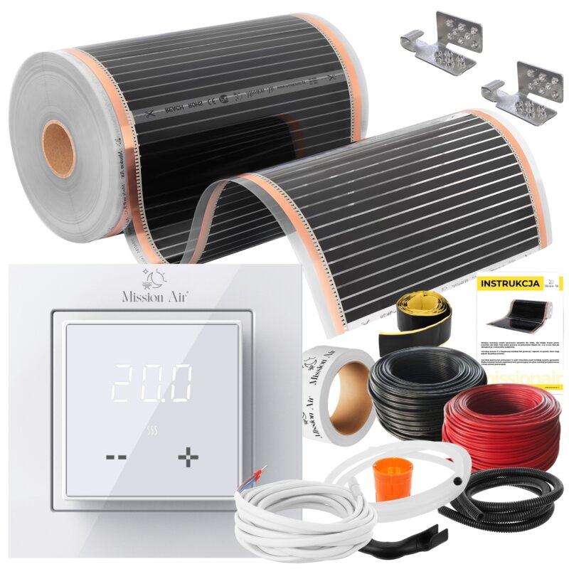 Folia grzewcza na podczerwień MISSION AIR 160 W/m² Black Silver PTC 18 m² (36 m x 50 cm) + regulator Aries LCD Biały