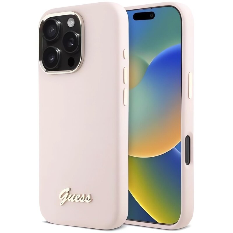 Guess Silicone Script Metal Logo & Frame do iPhone 16 Pro Różowy